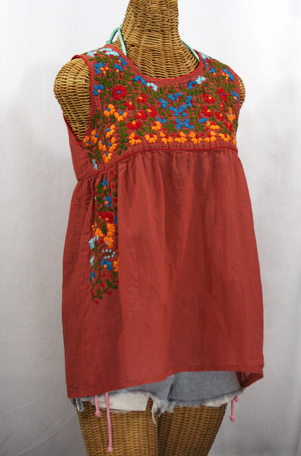 "La Sirena" Sleeveless Mexican Blouse - Brick + Fiesta Embroidery