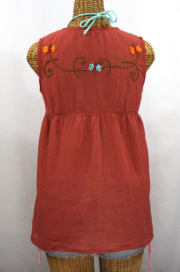 "La Sirena" Sleeveless Mexican Blouse - Brick + Fiesta Embroidery