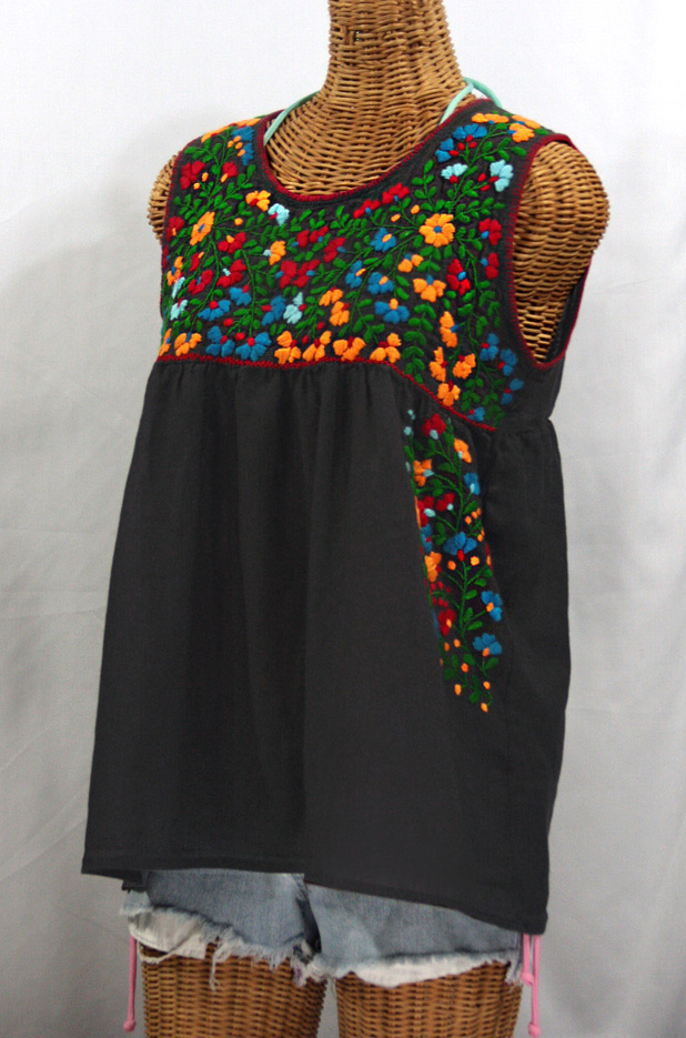 "La Sirena" Sleeveless Mexican Blouse -Charcoal Grey + Fiesta Embroidery