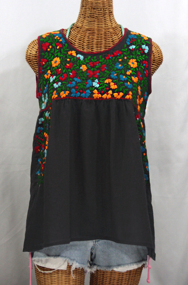 "La Sirena" Sleeveless Mexican Blouse -Charcoal Grey + Fiesta Embroidery