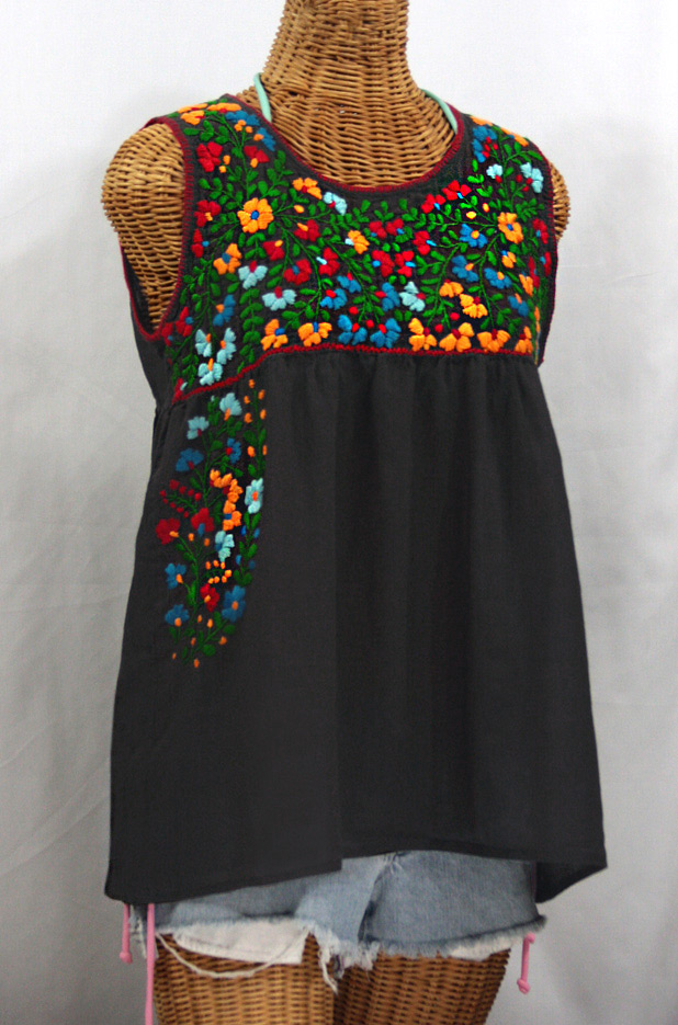 "La Sirena" Sleeveless Mexican Blouse -Charcoal Grey + Fiesta Embroidery