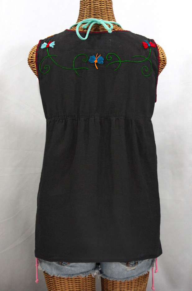 "La Sirena" Sleeveless Mexican Blouse -Charcoal Grey + Fiesta Embroidery