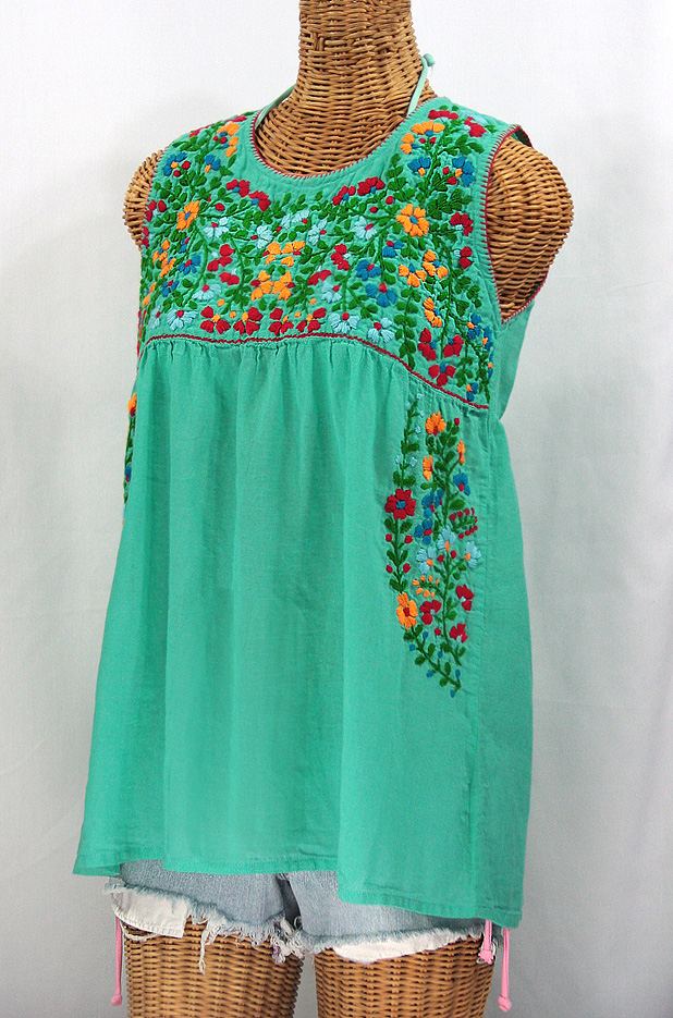 "La Sirena" Sleeveless Mexican Blouse -Mint Green + Fiesta