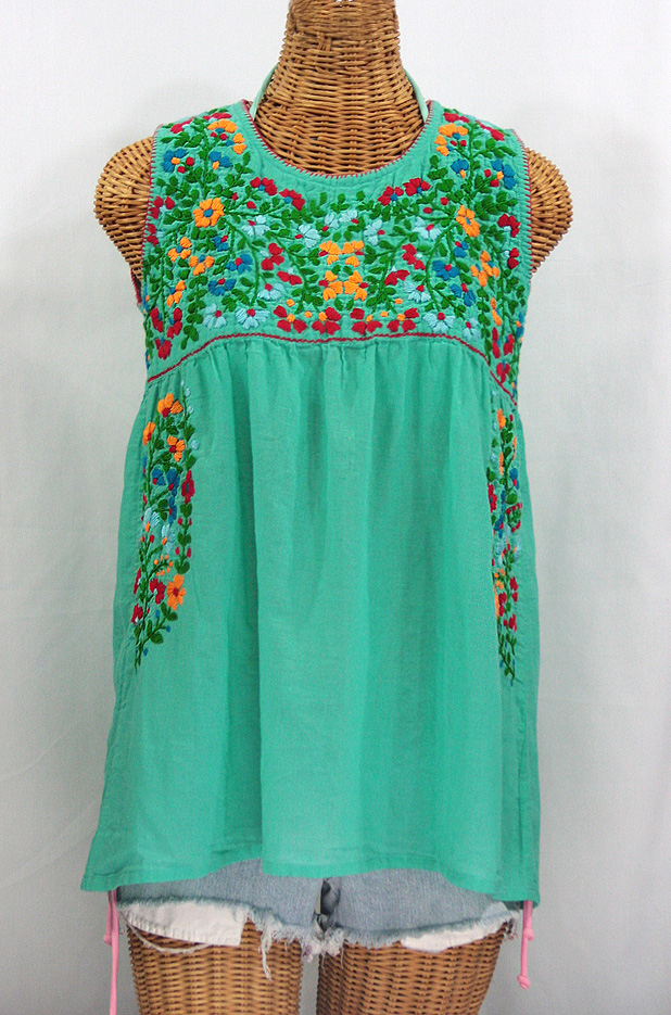 "La Sirena" Sleeveless Mexican Blouse -Mint Green + Fiesta