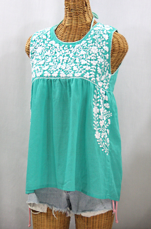 "La Sirena" Sleeveless Mexican Blouse - Mint Green + White