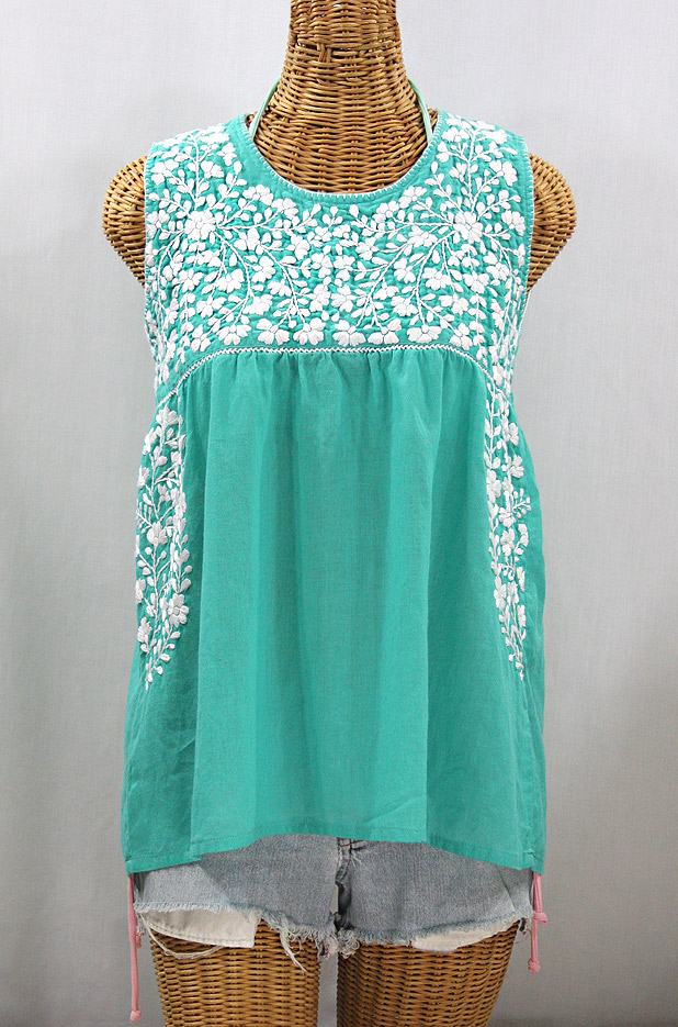 "La Sirena" Sleeveless Mexican Blouse - Mint Green + White