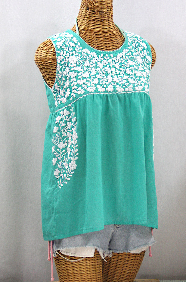 "La Sirena" Sleeveless Mexican Blouse - Mint Green + White