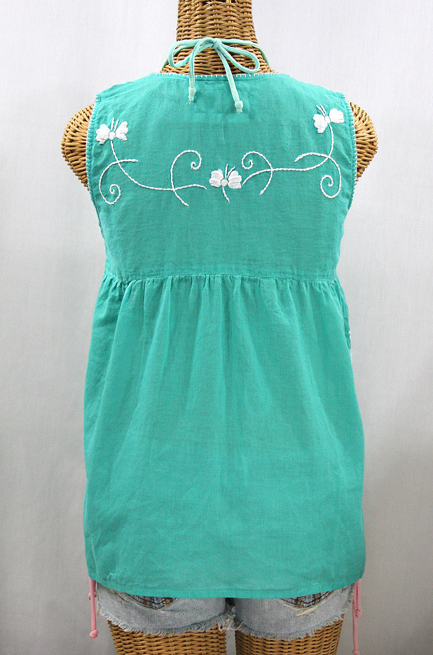 "La Sirena" Sleeveless Mexican Blouse - Mint Green + White