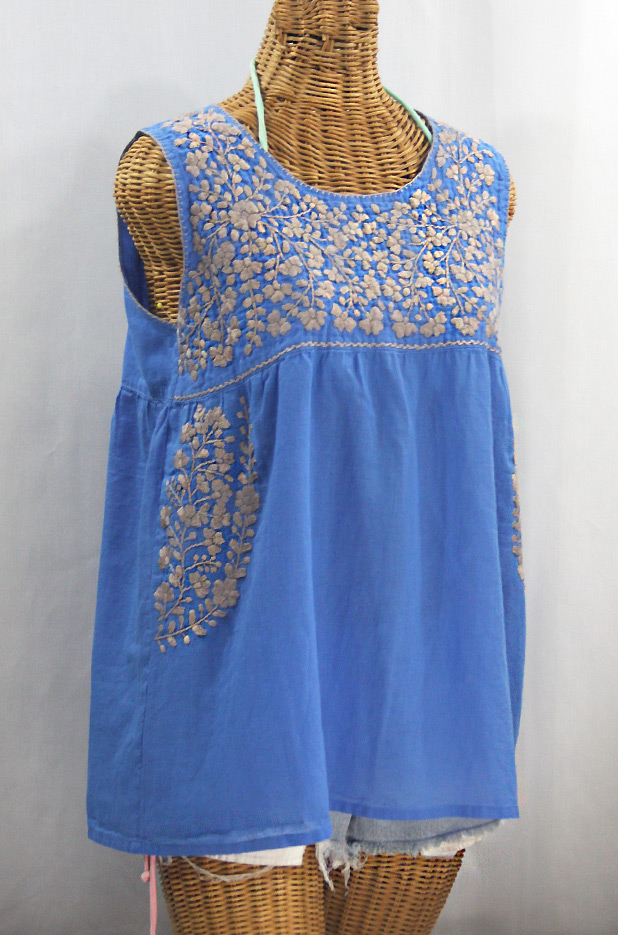 "La Sirena" Sleeveless Mexican Blouse - Light Blue + Cocoa