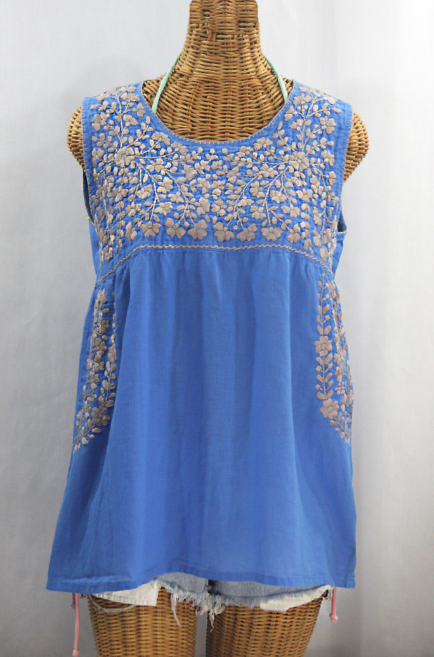 "La Sirena" Sleeveless Mexican Blouse - Light Blue + Cocoa