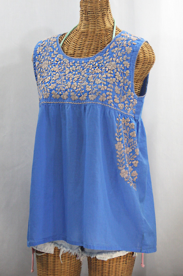 "La Sirena" Sleeveless Mexican Blouse - Light Blue + Cocoa