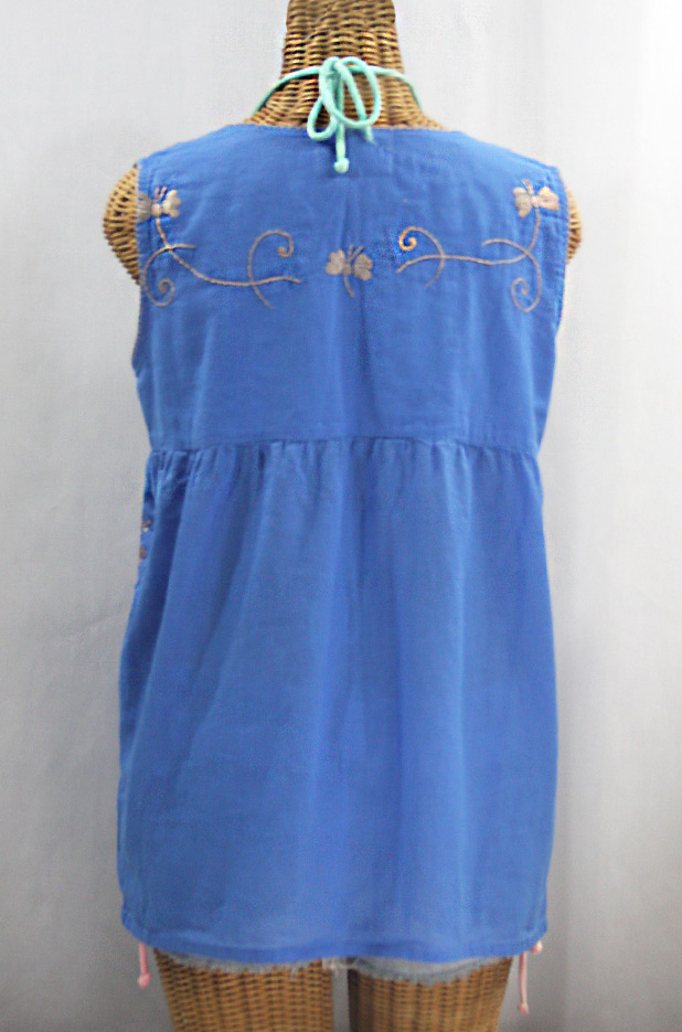 "La Sirena" Sleeveless Mexican Blouse - Light Blue + Cocoa