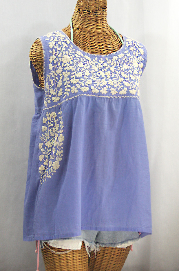 "La Sirena" Sleeveless Mexican Blouse - Periwinkle + Cream