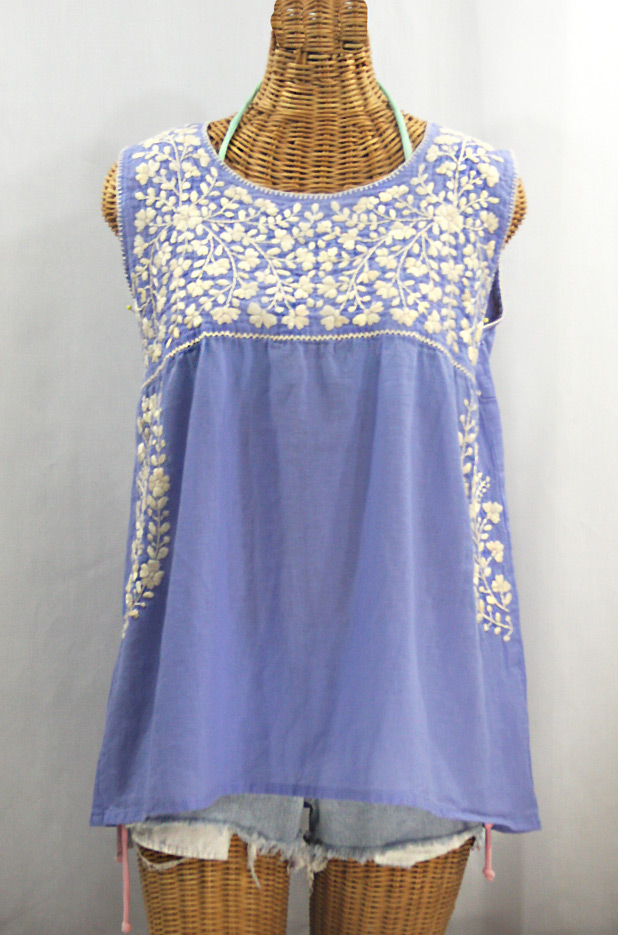 "La Sirena" Sleeveless Mexican Blouse - Periwinkle + Cream