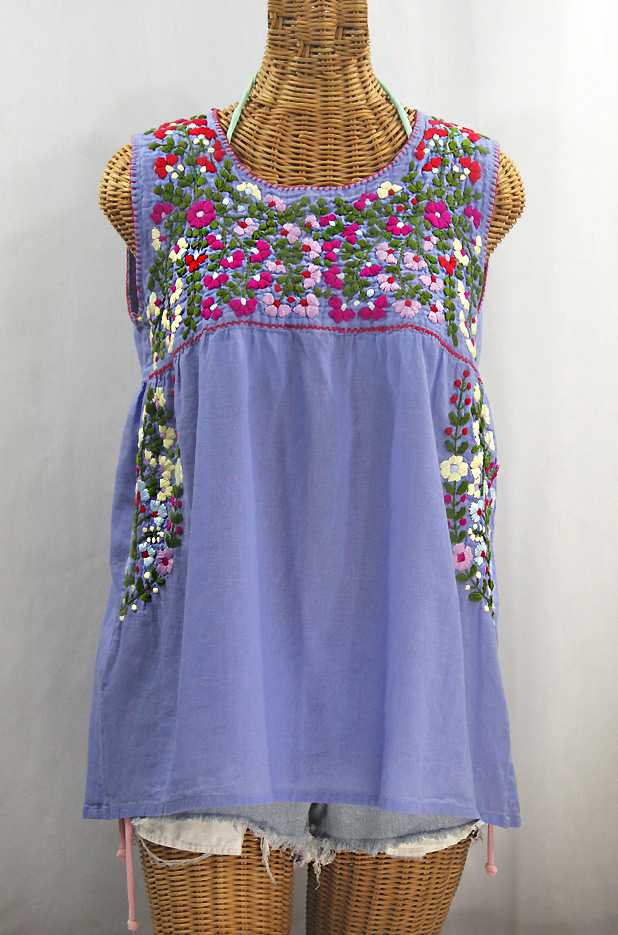 "La Sirena" Sleeveless Mexican Blouse - Periwinkle + Multi