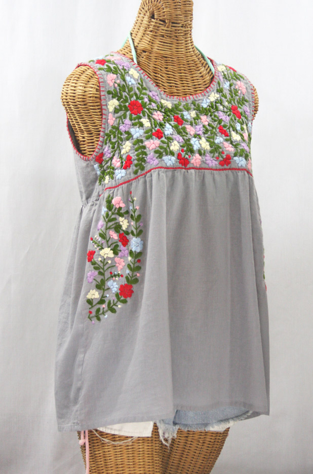 "La Sirena" Sleeveless Mexican Blouse -Grey + Multi