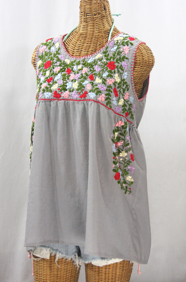 "La Sirena" Sleeveless Mexican Blouse -Grey + Multi