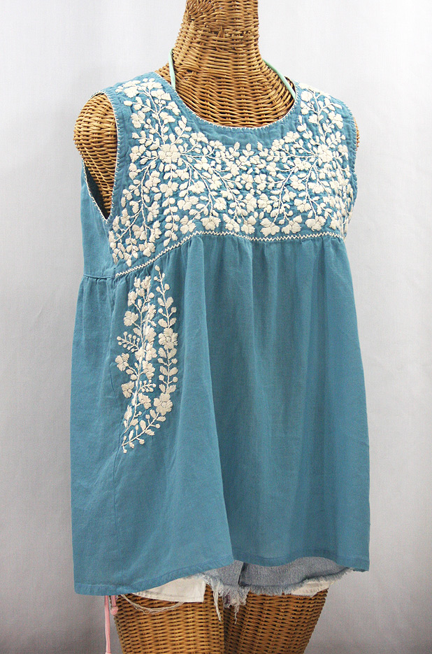 "La Sirena" Sleeveless Mexican Blouse - Pool Blue + Cream