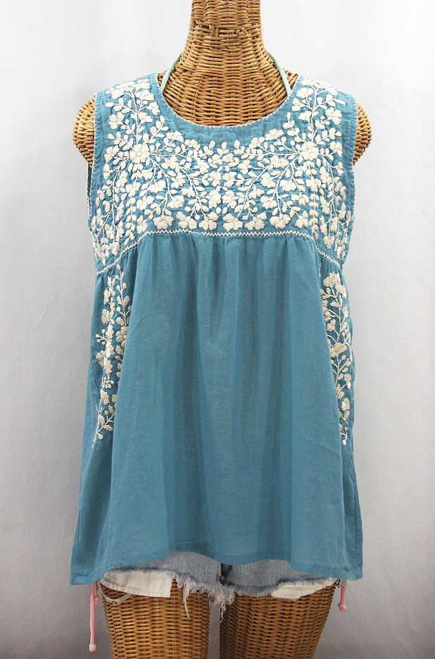 "La Sirena" Sleeveless Mexican Blouse - Pool Blue + Cream