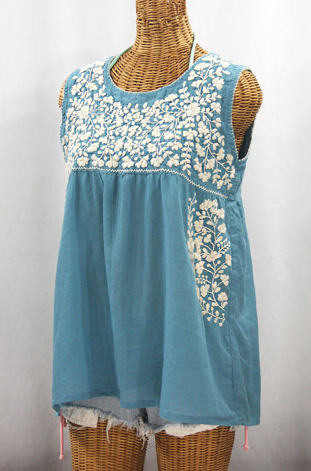 "La Sirena" Sleeveless Mexican Blouse - Pool Blue + Cream