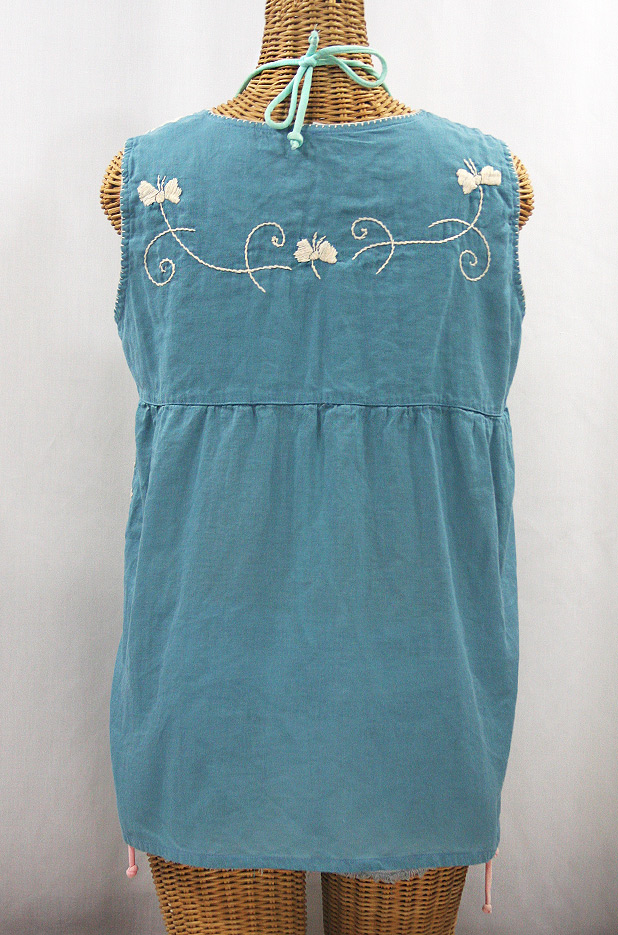 "La Sirena" Sleeveless Mexican Blouse - Pool Blue + Cream