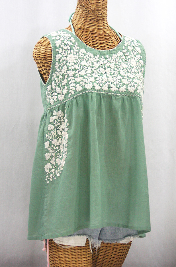 "La Sirena" Sleeveless Mexican Blouse - Sage + Cream