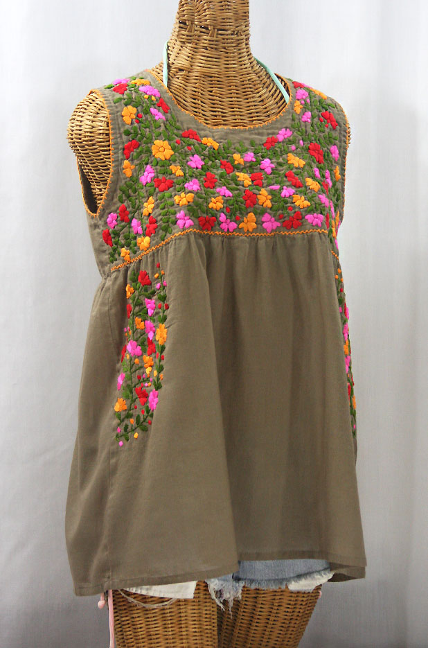 "La Sirena" Sleeveless Mexican Blouse - Khaki + Bright Multi