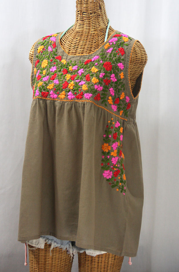 "La Sirena" Sleeveless Mexican Blouse - Khaki + Bright Multi