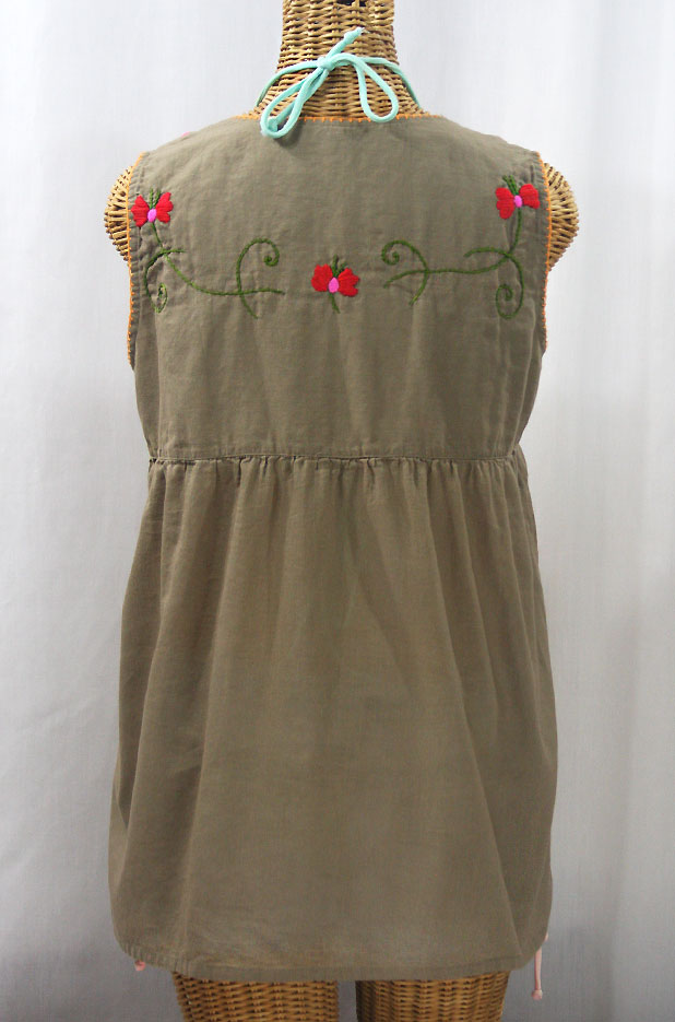 "La Sirena" Sleeveless Mexican Blouse - Khaki + Bright Multi