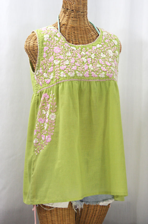 "La Sirena" Sleeveless Mexican Blouse - Moss + Pink Mix