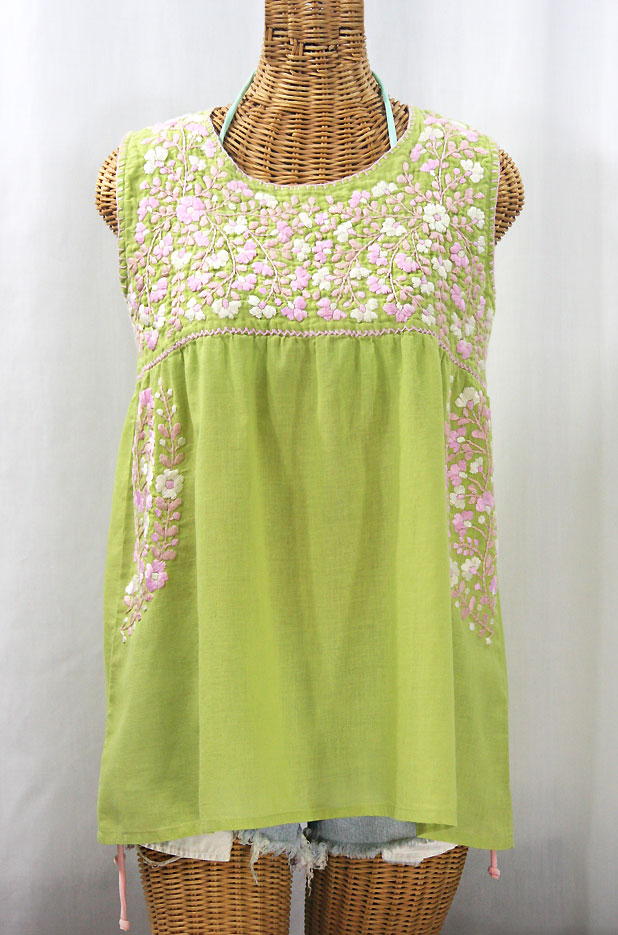 "La Sirena" Sleeveless Mexican Blouse - Moss + Pink Mix