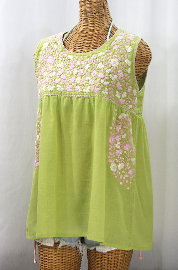 "La Sirena" Sleeveless Mexican Blouse - Moss + Pink Mix