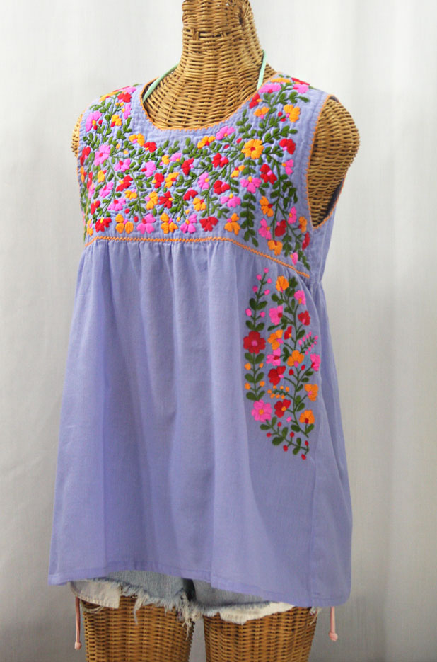 "La Sirena" Sleeveless Mexican Blouse - Periwinkle + Bright Multi