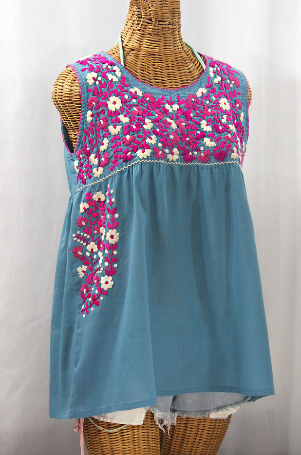 "La Sirena" Sleeveless Mexican Blouse - Pool + Bright Pink Mix