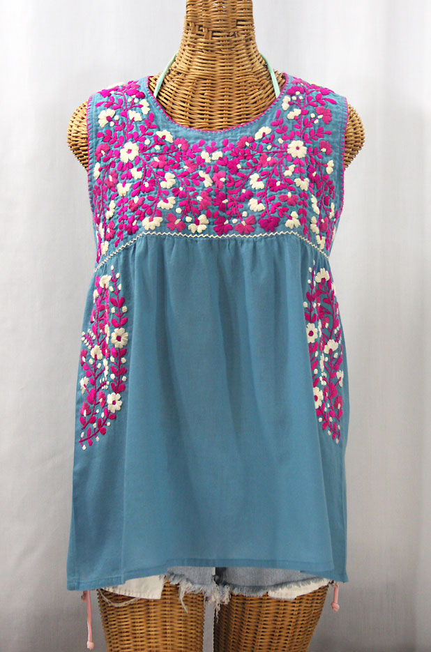 "La Sirena" Sleeveless Mexican Blouse - Pool + Bright Pink Mix