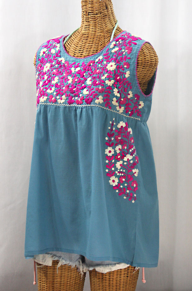 "La Sirena" Sleeveless Mexican Blouse - Pool + Bright Pink Mix