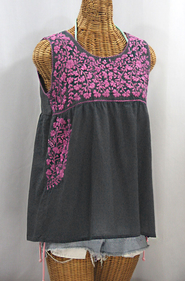 "La Sirena" Sleeveless Mexican Blouse -Grey + Pink