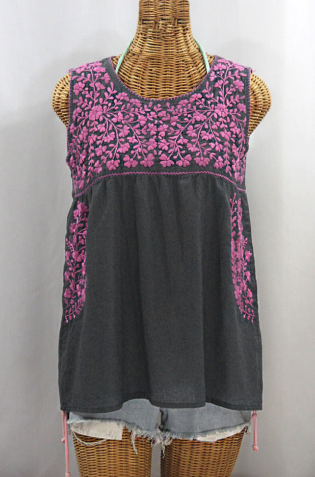 "La Sirena" Sleeveless Mexican Blouse -Grey + Pink