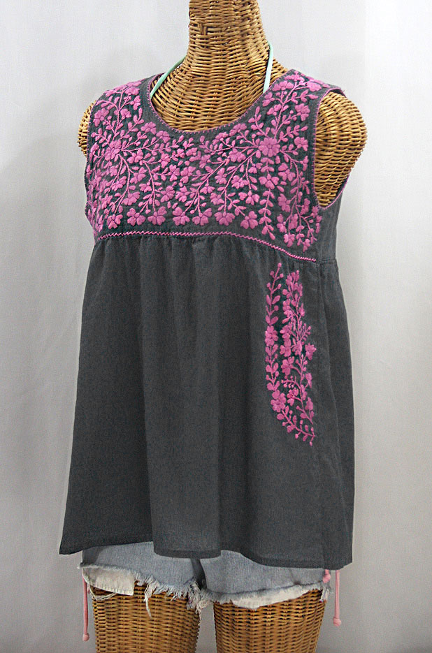 "La Sirena" Sleeveless Mexican Blouse -Grey + Pink