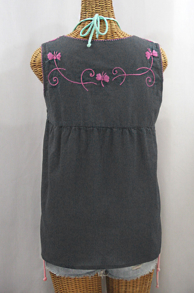 "La Sirena" Sleeveless Mexican Blouse -Grey + Pink