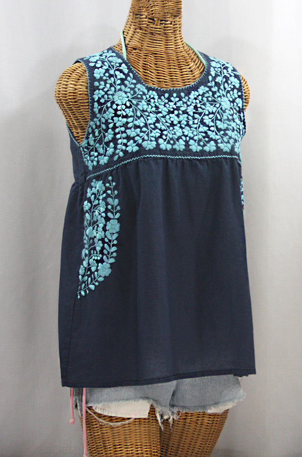 "La Sirena" Sleeveless Mexican Blouse -Navy + Neon Blue