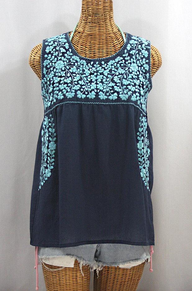 "La Sirena" Sleeveless Mexican Blouse -Navy + Neon Blue