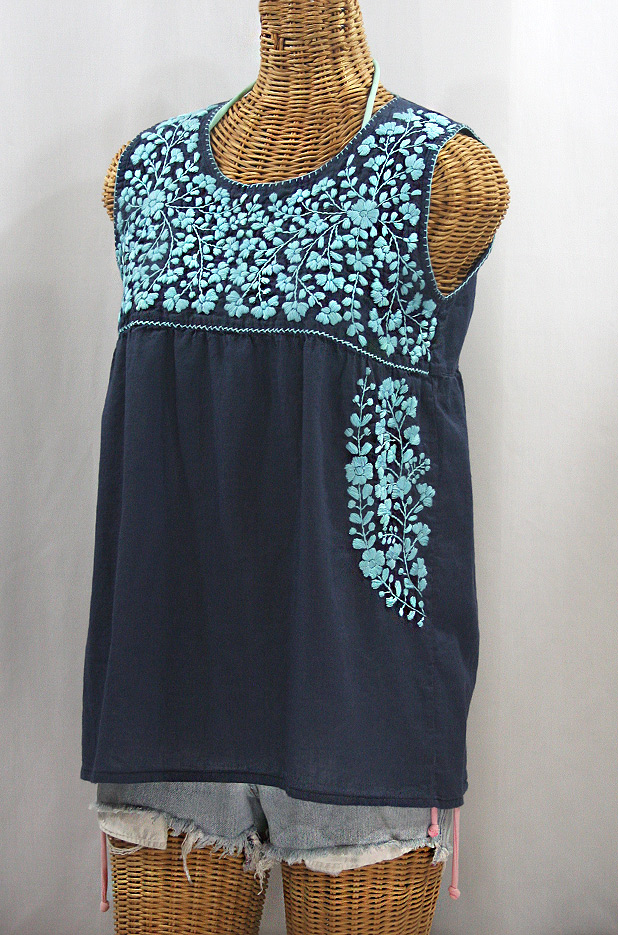 "La Sirena" Sleeveless Mexican Blouse -Navy + Neon Blue