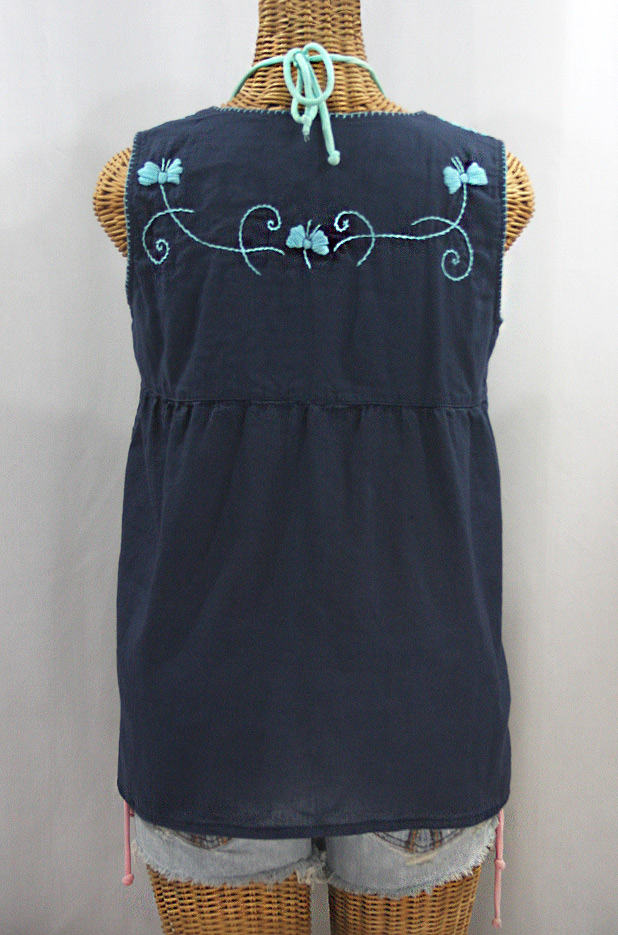 "La Sirena" Sleeveless Mexican Blouse -Navy + Neon Blue