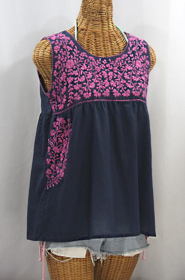 "La Sirena" Sleeveless Mexican Blouse -Navy + Pink