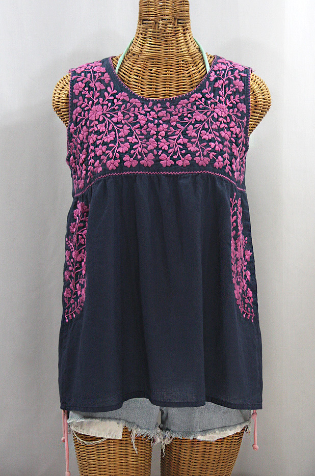 "La Sirena" Sleeveless Mexican Blouse -Navy + Pink