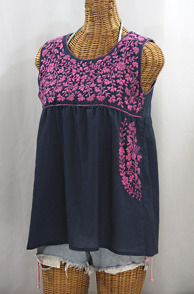 "La Sirena" Sleeveless Mexican Blouse -Navy + Pink