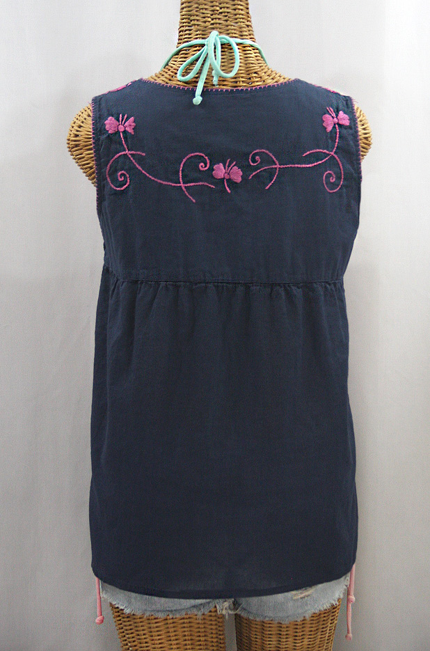 "La Sirena" Sleeveless Mexican Blouse -Navy + Pink