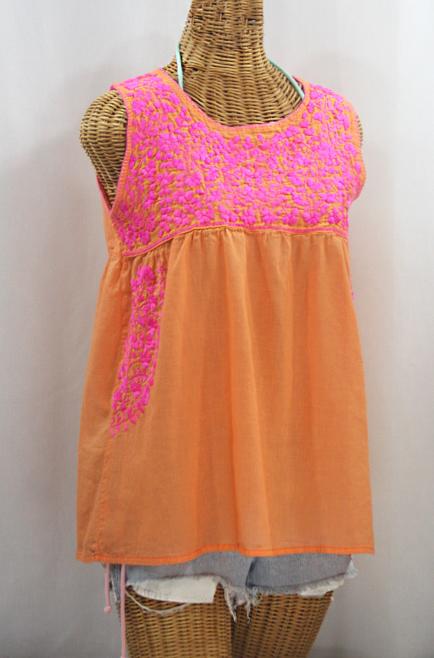 "La Sirena" Sleeveless Mexican Blouse - Orange Cream + Bright Pink