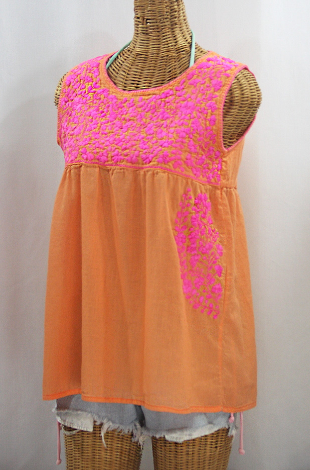 "La Sirena" Sleeveless Mexican Blouse - Orange Cream + Bright Pink